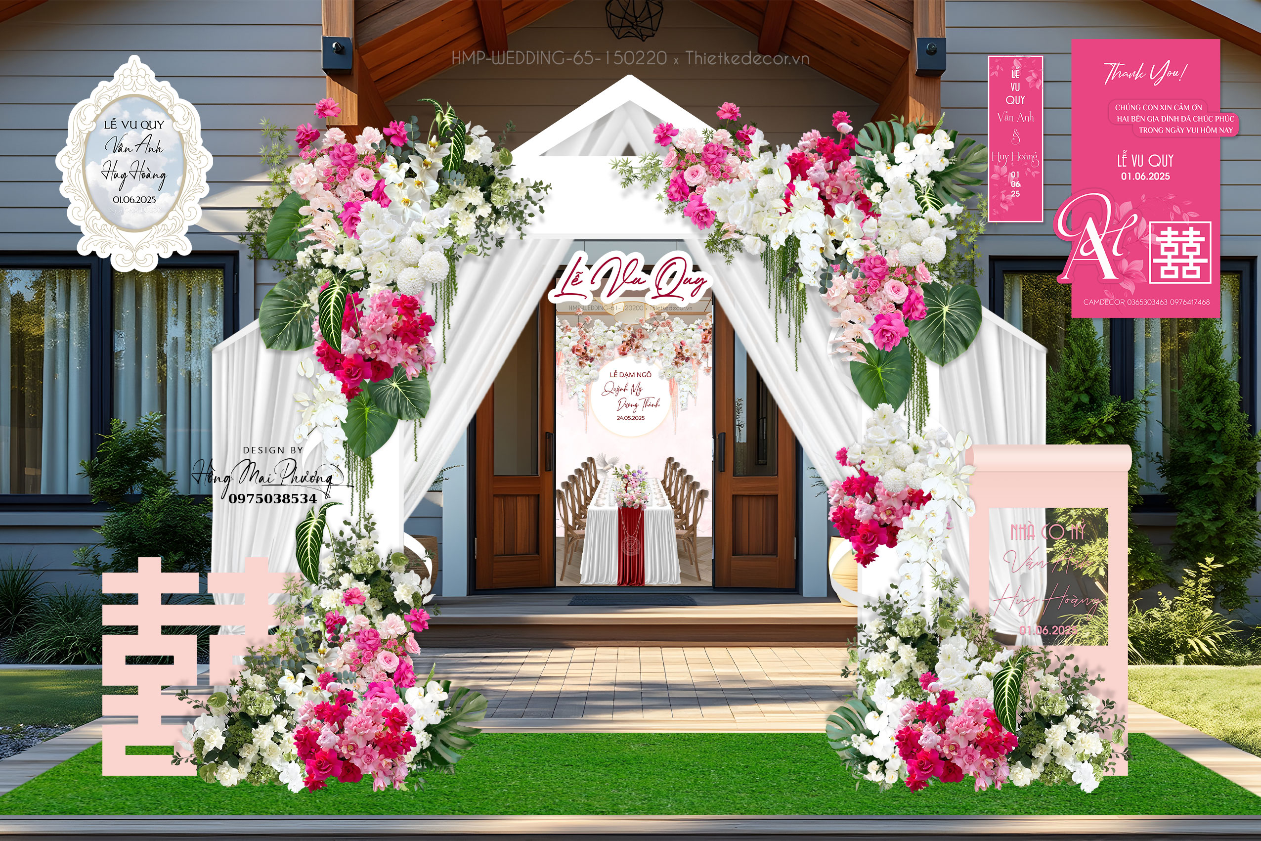 Cổng cưới tone trắng hồng kèm tem nước, tag bàn và gương